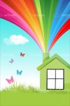 Illustrated Greenhouse with Rainbow Coming out of Chimney